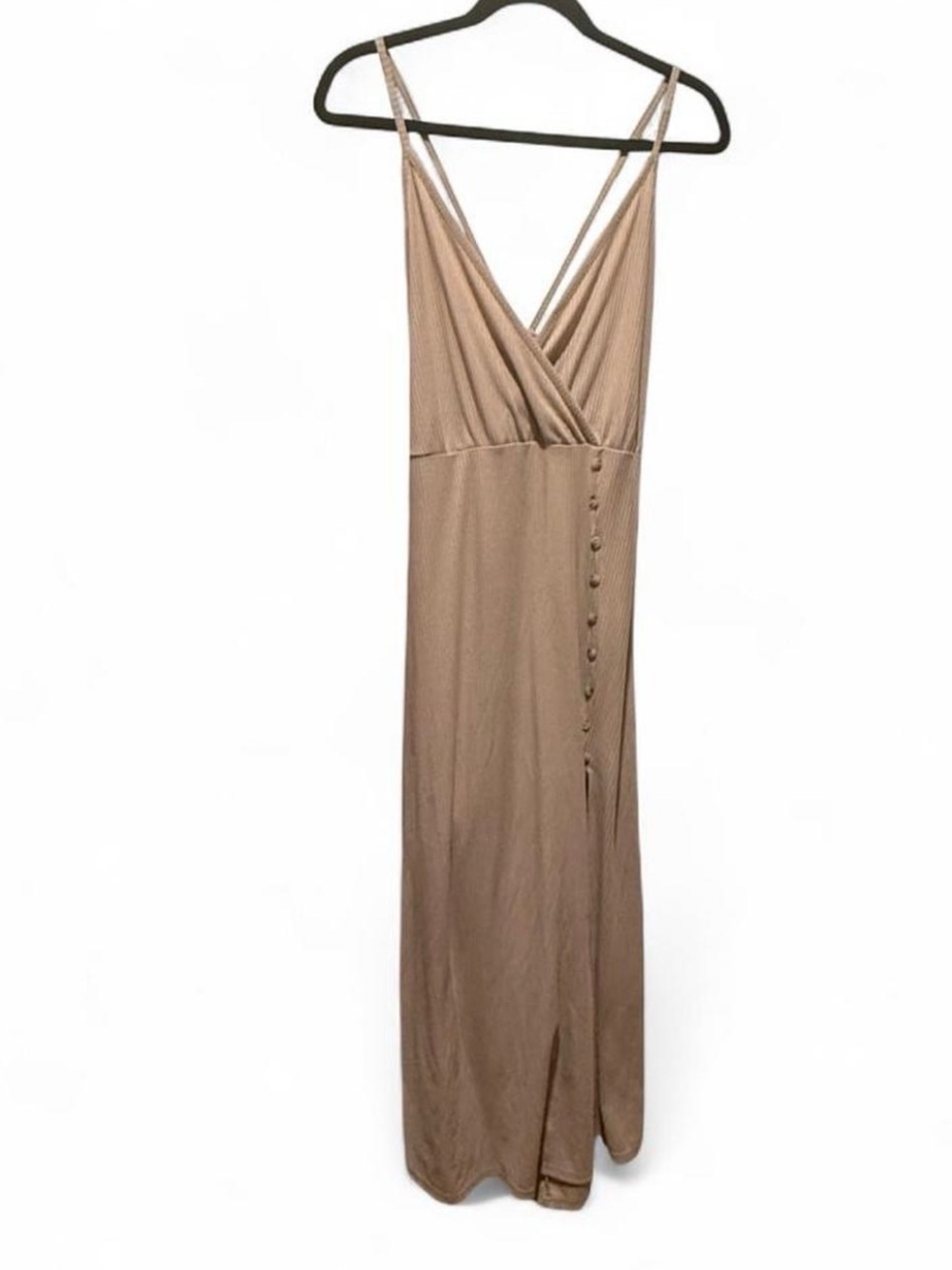 Say What? Taupe Double-Strap V-Neck Maxi Dress